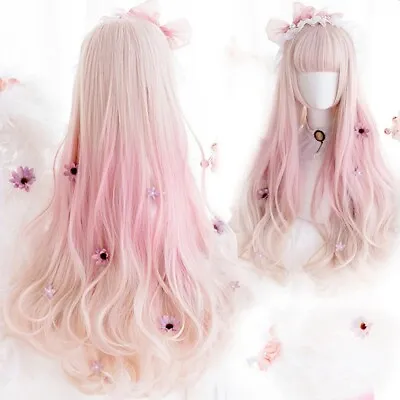 Princess Lolita Long Wavy Wig With Bangs Cute Japanese Cosplay Synthetic Hair • £46.03