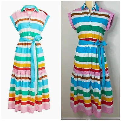 J. Crew Size Petite 0 Rainbow Striped Collared Belted Midi Shirt Dress Multi • $19.95