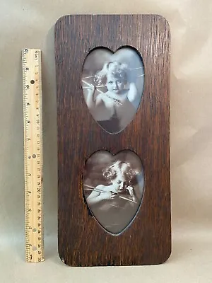 Antique Wood Oak Heart Frames Two Black & White Photos Of Cupid Cherub Love  • $65