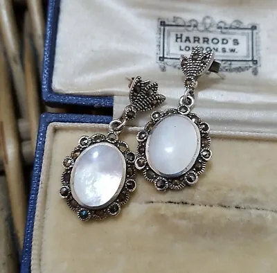 Vintage 925 Sterling Silver Earrings Edwardian Mother Of Pearl And Marcasite • £39.99