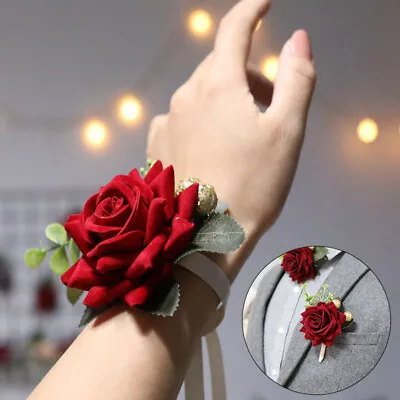 Wedding Rose Wrist Flower Corsage Wristlet Band Bracelet Men Boutonniere Brooch • £3.32