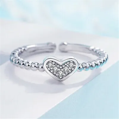 CZ Crystal Love Heart Adjustable Ring 925 Sterling Silver PLATED Girl Gift UK • £3.29