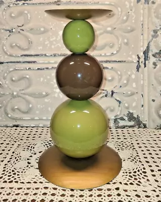 Eclectic MCM Retro Pillar Ceramic Candle Holder Olive Green Brown Metal • $30