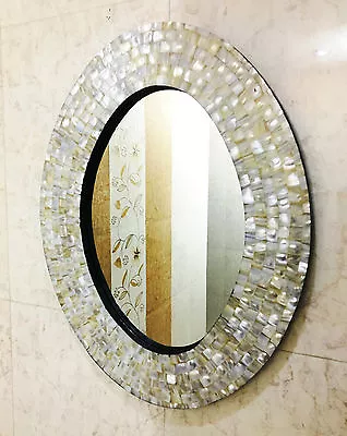 Mother Of Pearl Oval Mirror Frame Handmade Round Wall Hanging Mirror Decor • $69.46