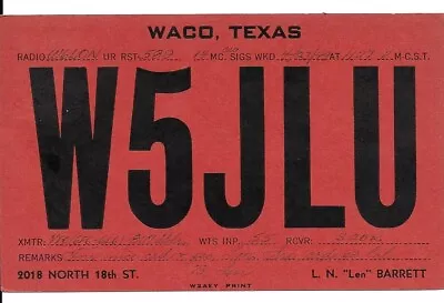 QSL  1949 Waco Texas  W5JLU  Radio Card • $5.52