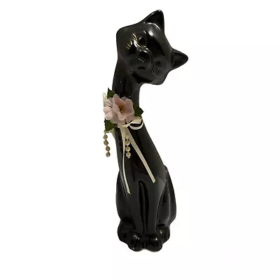 Porcelain Cat Black 8inch Figurine Mid-Century Modern Flowers • $15.95