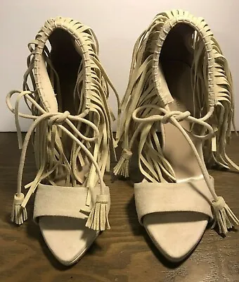 Zara Basic Beige Suede Fringe Tie Up Tassel Open Toe Stiletto Heel Eu 38 US 7.5 • $14