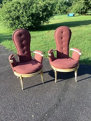 2 RARE VINTAGE  - ANTIQUE STYLE HIGH BACK THRONE CHAIR PAIR 1960s REGENCY • $300