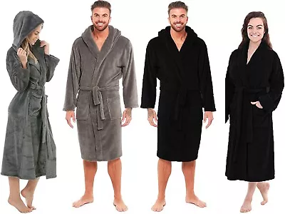 New Soft Warm Fleece Dressing Gown Bath Robe Hooded Pockets Mens Ladies Unisex • £14.36