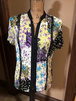 NY COLLECTION Size XL Colorful Floral Accordian Pleated SS Button Up Blouse PUC • $17.99
