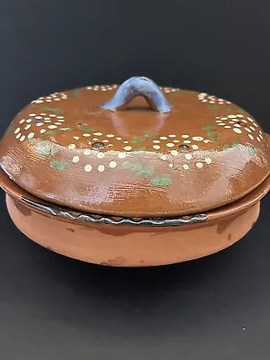 Vintage Handmade & Painted Mexican Red Clay Pottery Serving Bowl With Lid • $35.27