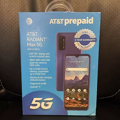 AT&T RADIANT Max 5G 6.8  HD+ 64GB 48MP Blue Prepaid Smartphone - SEALED • $63.99