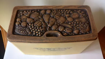 Vtg Yellow Metal Bread Box With Carved Wood Lid • $60