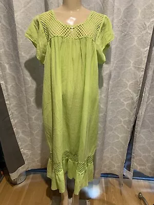 Vtg 80s Sheer Cut Work Lace Chartreuse Green Gauze Dress Cap Slv Lounge MIDI S/M • $65