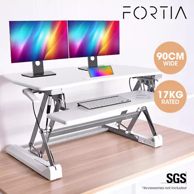 FORTIA Desk Riser 90cm Wide Adjustable Sit To Stand Dual Monitor Keyboard White • $244