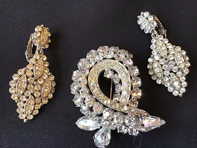 Vintage Eisenberg Signed Clear Rhinestone Brooch & Earrings E6 • $125