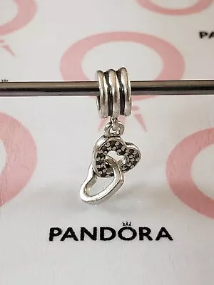 Genuine Pandora Silver 💞 Dangle Entwined Hearts Clear Pavé 💞 Charm 925 ALE • £12