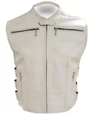 Mens Swat Biker Motorcycle Vest White Real Cow Leather Tactical Style Waistcoat • $99.99