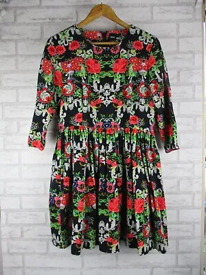 $35 • Buy Asos Womens Fit & Flare Dress Black Pink Green Floral Print Uk16 Short Sleeve 