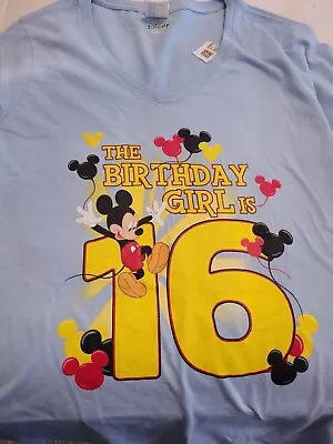 New Disney Birthday 16 Party Shirt T-shirt Girl Blue Mickey Mouse Women Medium  • $8.99