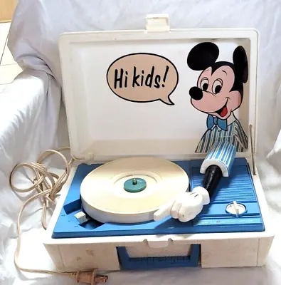 Disney Sears Mickey Mouse Portable Record Player Turntable Blue White Electric • $44.77