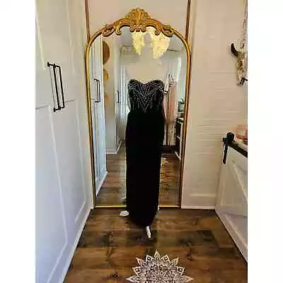 Vtg Victor Costa Women's 6 80s Black Velvet Strapless Glam Dress Pearl Detail • $60