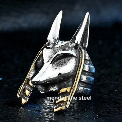 MENDEL Mens Egyptian Gold Plated Black Anubis Ring Men Stainless Steel Size 7-15 • $12.99