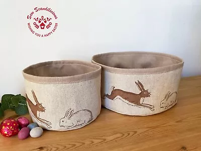 Handmade Emily Bond Fabric Storage Planter Basket - Hare & Rabbit Beige Linen • £10