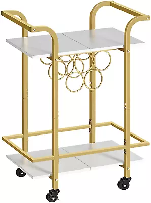 Gold Bar Cart For Home 2-Tier Serving Cart With Lockable Wheels Wine Cart With • $52.08