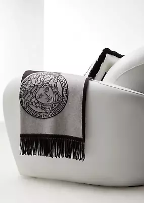 Versace- Greca Reversible Fringed Blanket Black And Gray • $1775