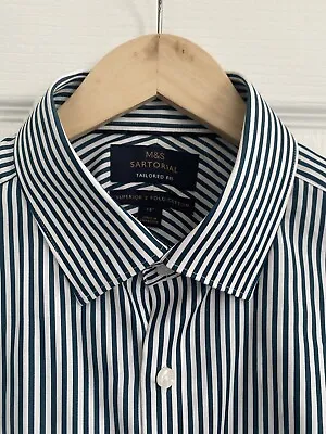 M&S Men’s Shirt Sartorial White With Green Stripes 16” Unworn • £10