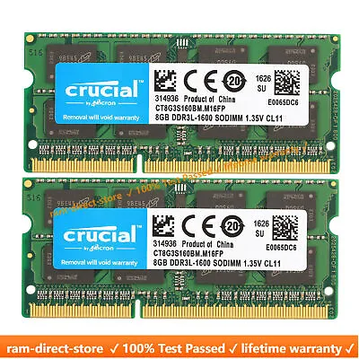 £22.20 • Buy Crucial  DDR3 16GB 1600 2x 8GB PC3-12800 Laptop SODIMM Memory RAM PC3L 16G DDR3L