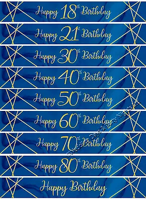 9ft Navy Blue + Gold Foil Banner Happy Birthday Party Wall Door Decorations • £1.98