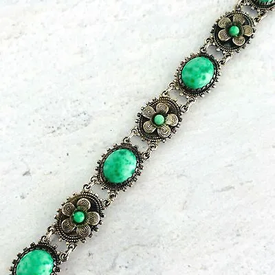 Vintage Peking Jade Silver Czech Glass Bracelet Unusual Snap Clasp 7  Long • $62.10