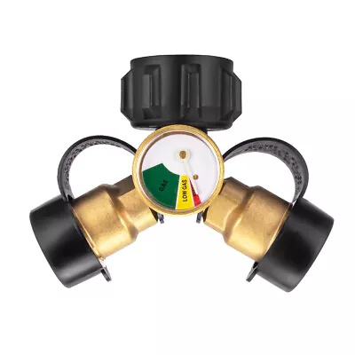 Propane Tank Y Splitter Adapter 2 Way LP Gas Tee Connector With Gauge • $17.59