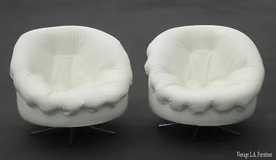 Pair Vintage Mid Century Milo Baughman Swivel Club Chairs W Tufted White Vinyl • $1980