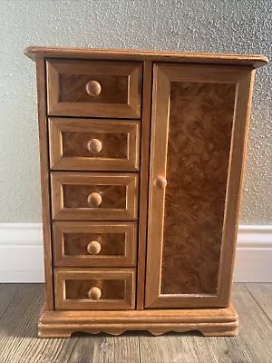 Wood Jewelry Armoire Necklace Hooks Ring Holder 5 Lined Drawers And Mirror • $39.99