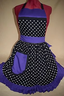 RETRO VINTAGE 50s STYLE FULL APRON / PINNY - BLACK & WHITE SPOT With PURPLE TRIM • £25.99