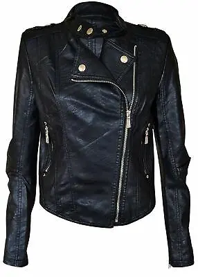 £16.99 • Buy New Womens Ladies Biker Jacket Crop Faux Leather PVC PU Gold Button ZIP Coat Top