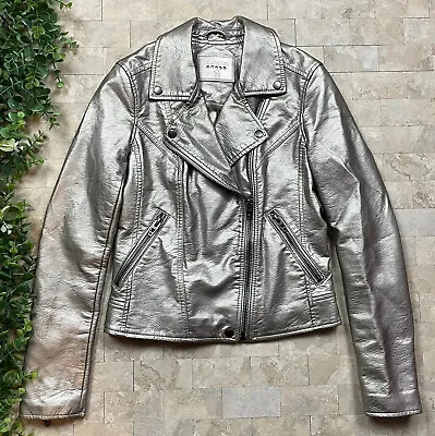 Blank NYC Faux Leather Zip Moto Jacket Metallic Pewter Silver Gray Size XS • $52.99