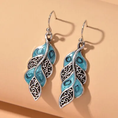 $1.99 • Buy Blue Enamel Antique Silver Leaf Dangle Pendant Earrings Women Ethnic Jewellery