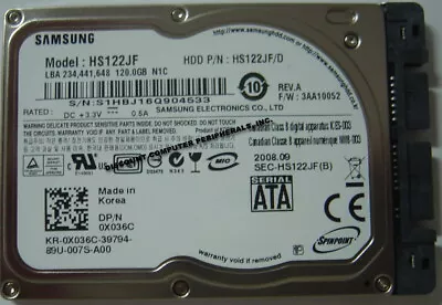 New 120GB 1.8  USATA Hard Drive Samsung HS122JF DELL 0X036C NOS USA Seller • $16.95