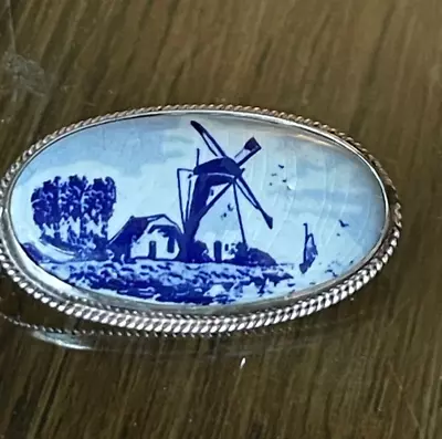 Vintage Silver And Delft Porcelain Brooch • £11.50