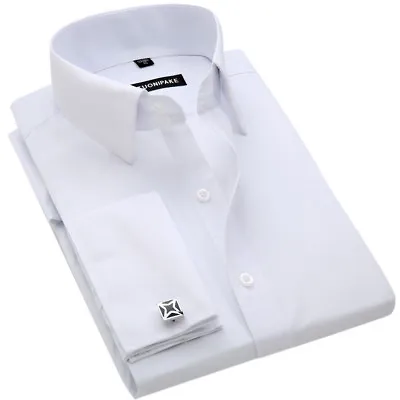 Mens Dress Shirts Long Sleeve French Cuff Formal Business Non-Iron Shirts Tops • £22.74