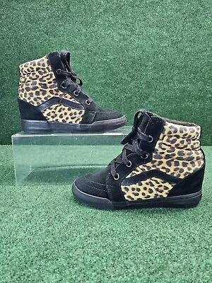 Size 8.5 Women-Vans SK8 Hidden Wedge Hi Leopard Print Black Suede • $19.99