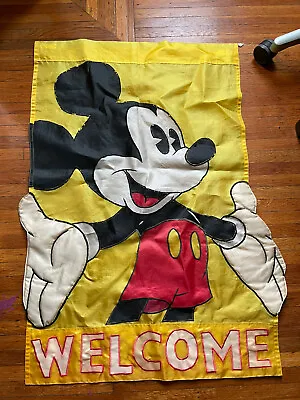 Vintage Disney Mickey Mouse  Welcome  Nylon Yard Decor Flag Yellow Sign - 43.5in • $15