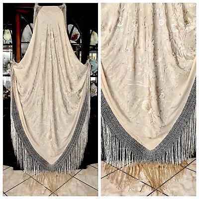 Antique Art Deco Hand Embroidered Cream Silk Wedding Piano Shawl Canton Manton • $545