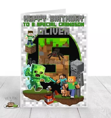 Personalised MINECRAFT Birthday Card - Son Grandson ANY Name Ages 1-9 • £2.60