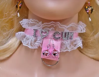 Any Size Personalize Choker Collar Lock Pink Lace CUM SLUT DDLG BDSM Plus Bells • $35.95