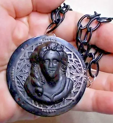 Antique Gutta Percha Black Mourning Cameo Thick Face Forward On Celluloid Neckla • $149.90